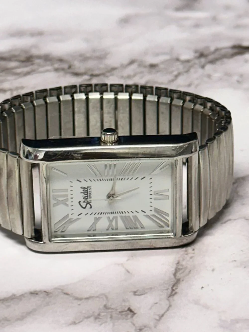 Speidel Tank Watch Women Silver Tone White Dial Stretch Band New Battery 7 Inch